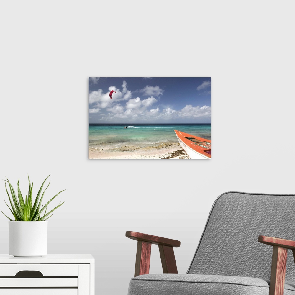 A modern room featuring ABC Islands-BONAIRE-Pink Beach:.Beach View with Fishing Boat