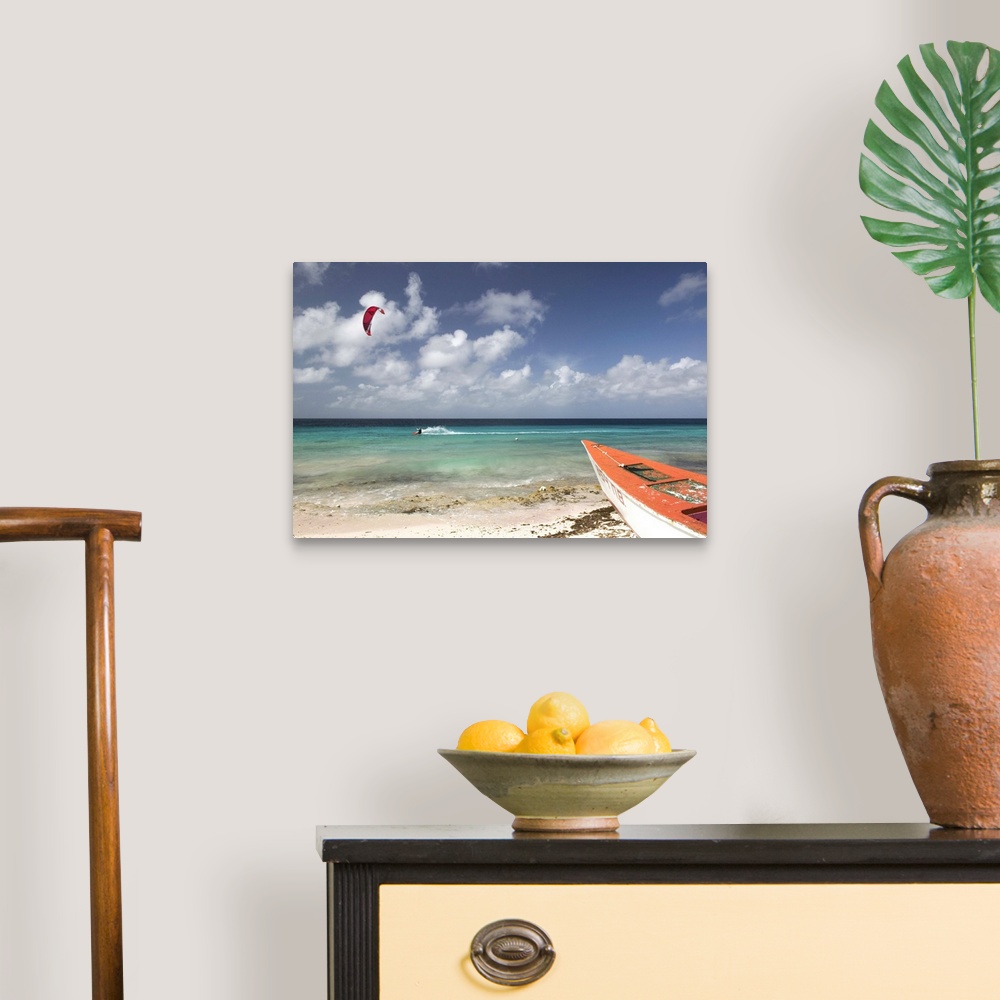 A traditional room featuring ABC Islands-BONAIRE-Pink Beach:.Beach View with Fishing Boat