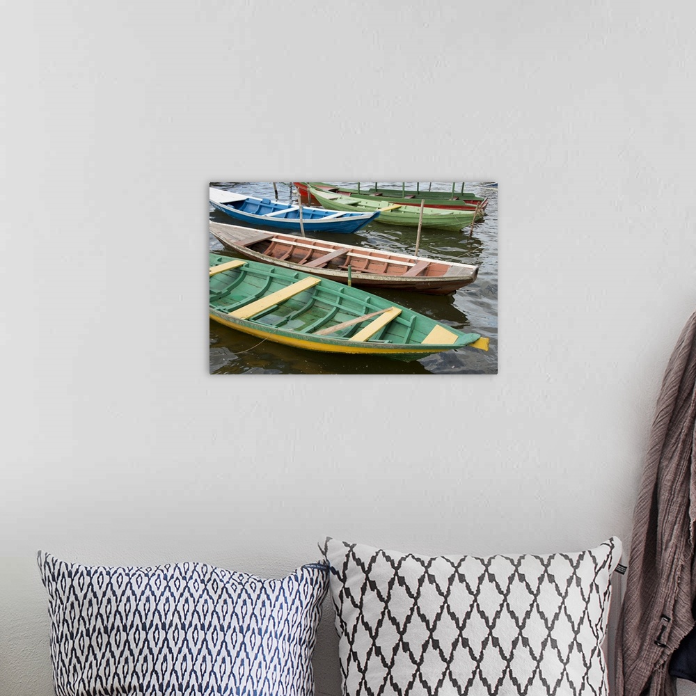 A bohemian room featuring Brazil, Amazon, Alter Do Chao, colorful local wooden fishing boats.