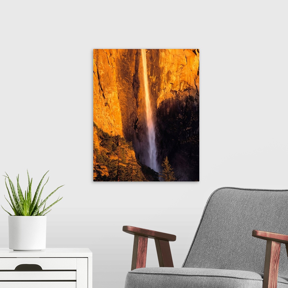 A modern room featuring California, Yosemite National Park. Bridal Veil Falls follows a narrow path down the valley wall ...