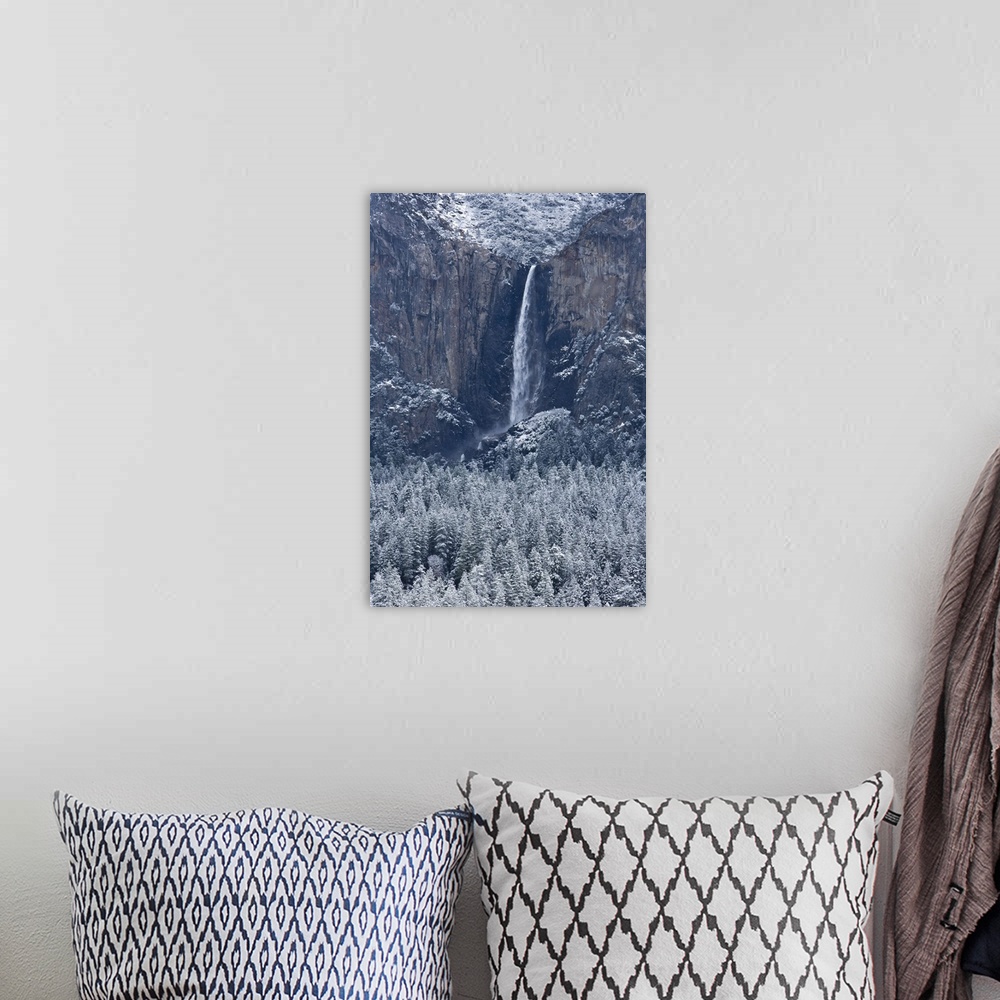 A bohemian room featuring Bridalveil Fall and Yosemite valley after a snow storm, Yosemite National Park, California.