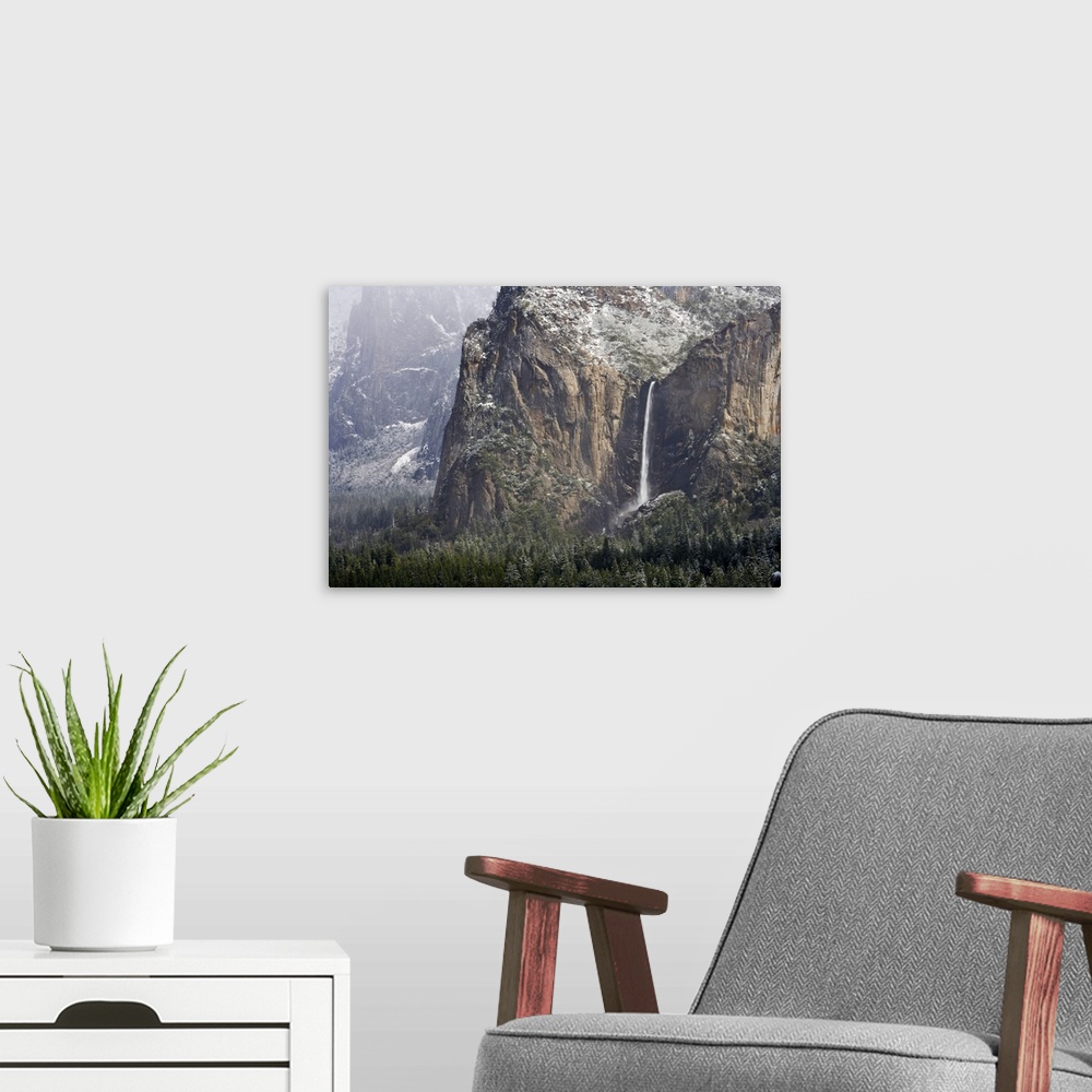 A modern room featuring Bridalveil Fall winter scene, Yosemite National Park, California.