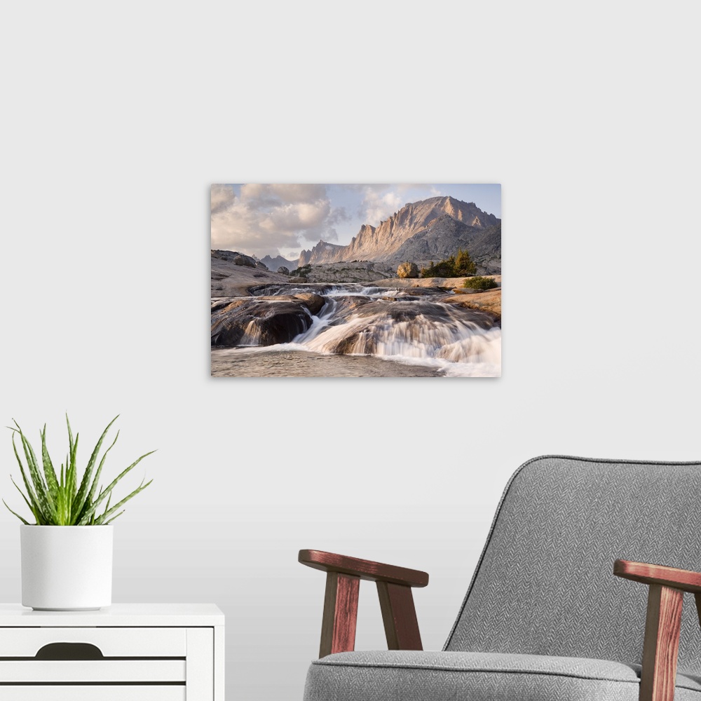 A modern room featuring USA, Bridger National Forest, Bridger Wilderness. View of rapids and Fremont Peak on Lower Titcom...