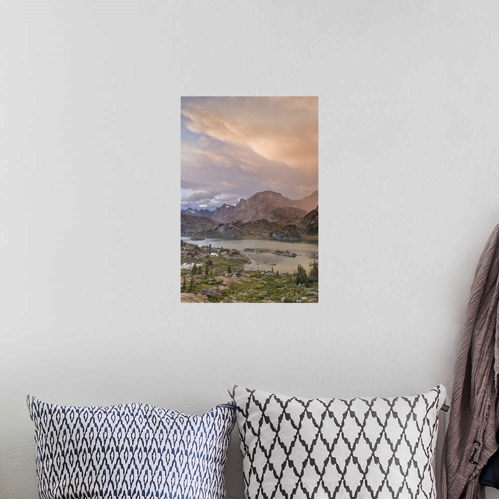 A bohemian room featuring USA, Wyoming, Bridger National Forest, Bridger Wilderness. Sunset on Wind River Range and Island ...