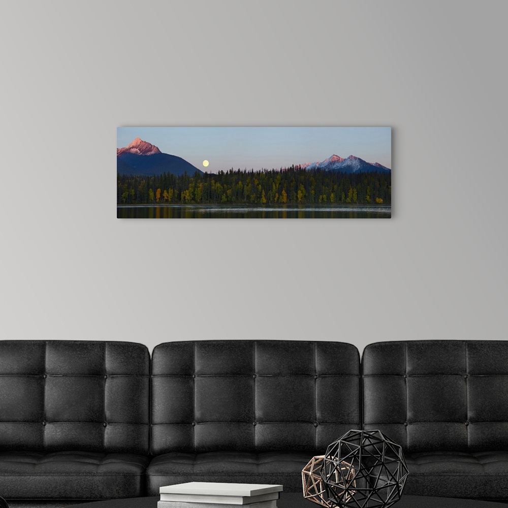 A modern room featuring Canada, British Columbia, Bowron Lakes Provincial Park. Panorama of autumn color on Unna Lake, wi...