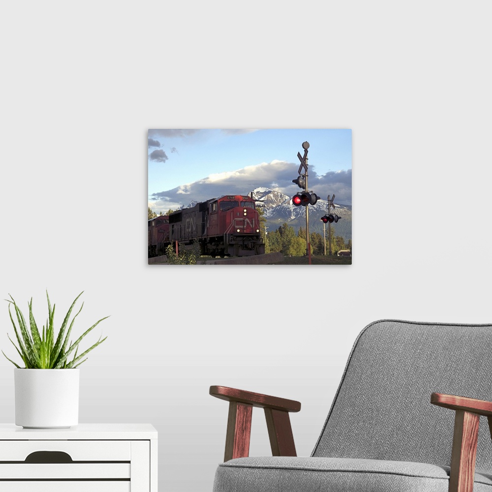 A modern room featuring Canada:  British Columbia, Valemount, train tracks and light in front of Canoe Mountain
