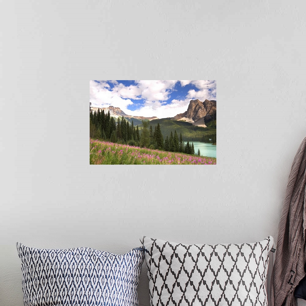 A bohemian room featuring Canada, British Columbia, Yoho National Park. View of Emerald Lake and surrounding wilderness. Cr...