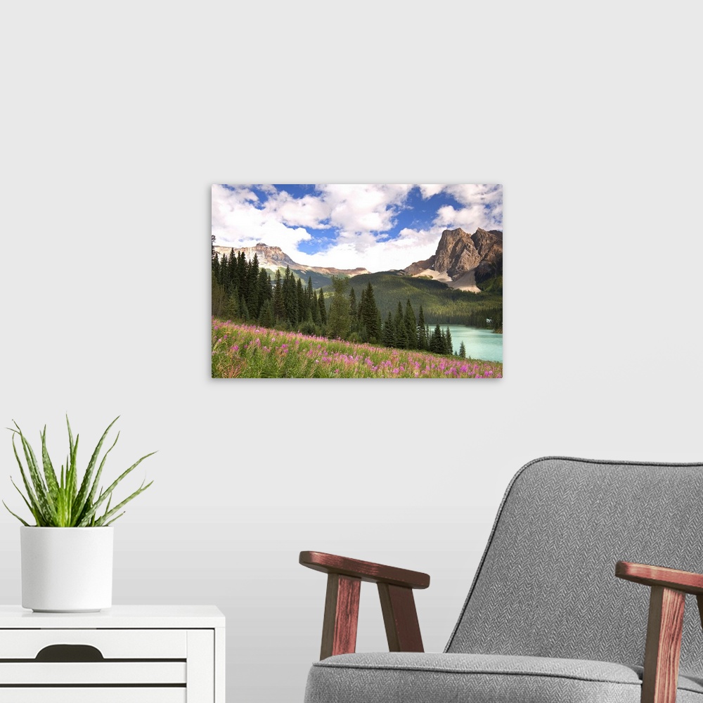 A modern room featuring Canada, British Columbia, Yoho National Park. View of Emerald Lake and surrounding wilderness. Cr...