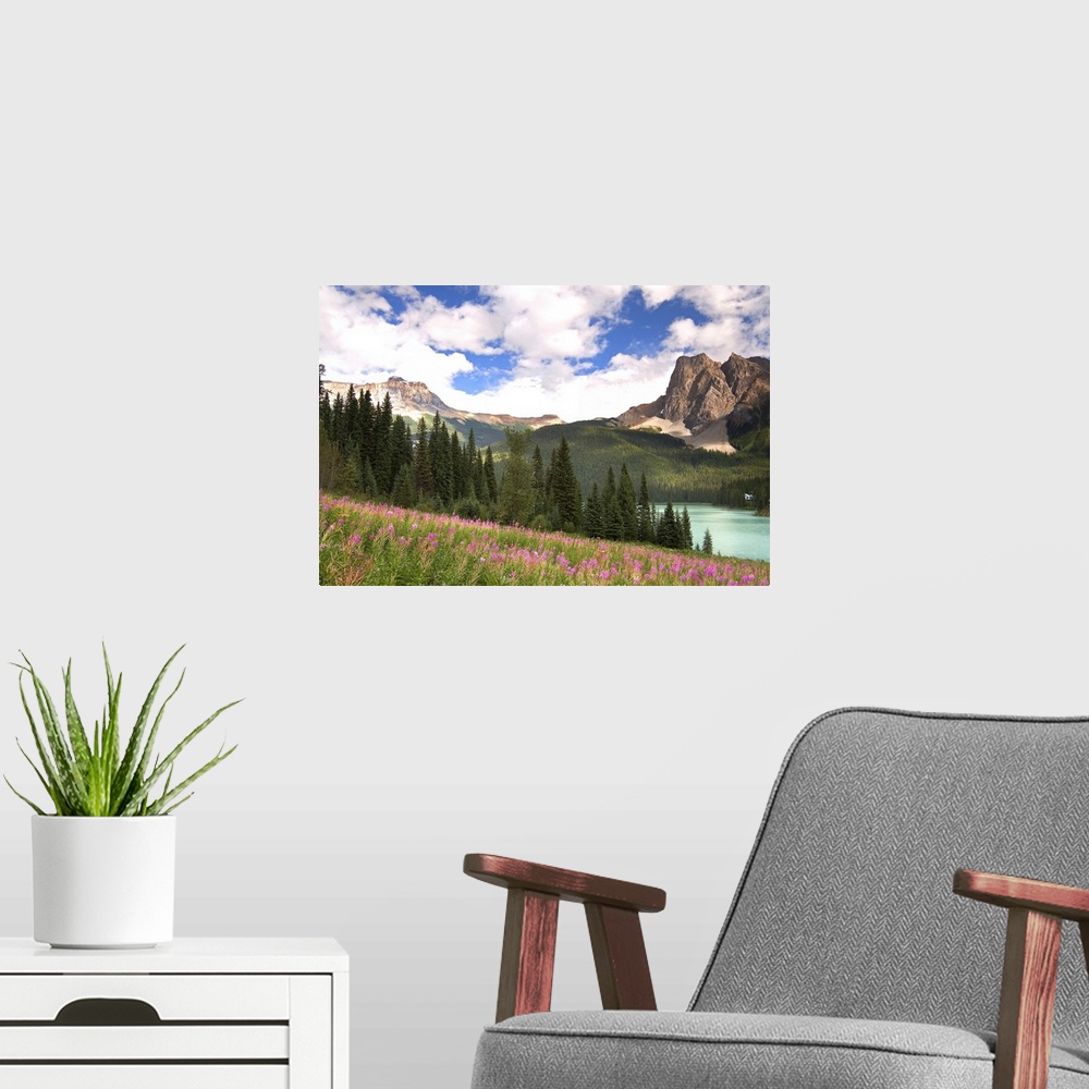 A modern room featuring Canada, British Columbia, Yoho National Park. View of Emerald Lake and surrounding wilderness. Cr...