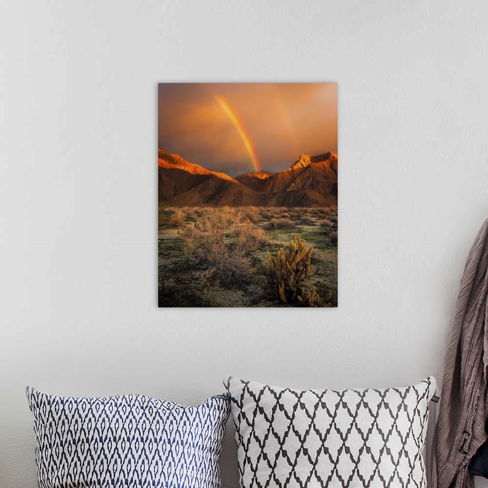 A bohemian room featuring USA, California, Anza-Borrego Desert State Park. Rainbow over desert mountains at sunrise.