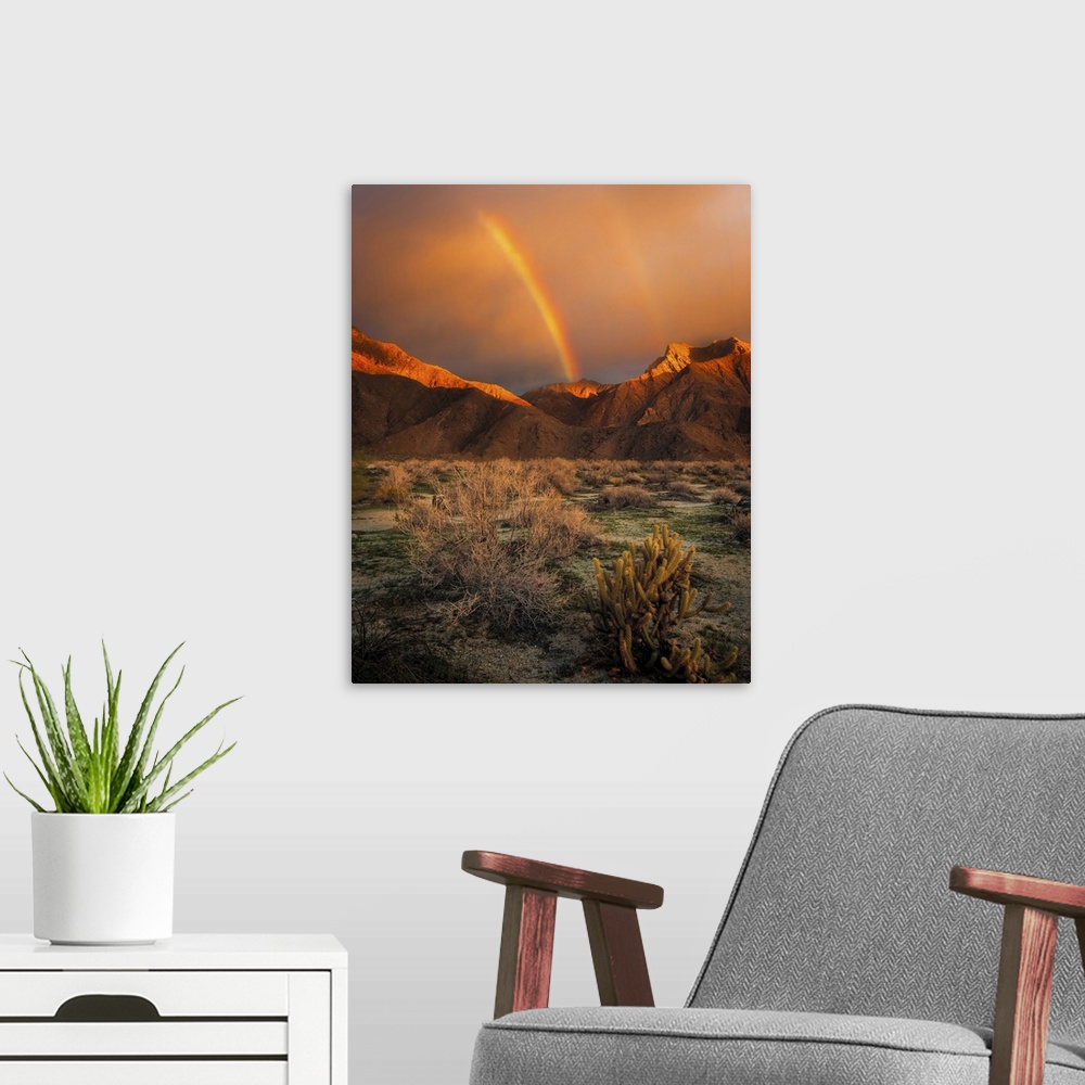 A modern room featuring USA, California, Anza-Borrego Desert State Park. Rainbow over desert mountains at sunrise.