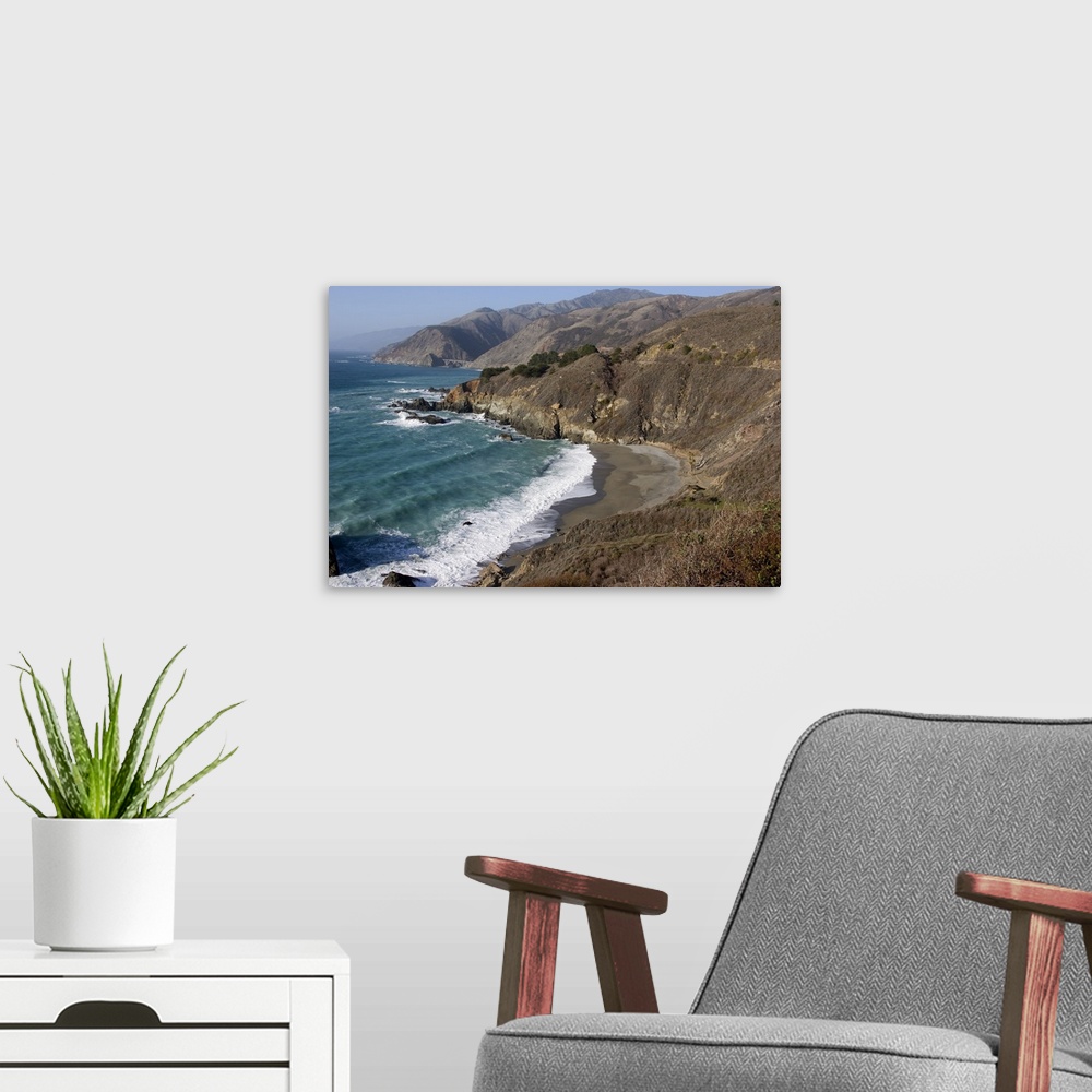 A modern room featuring USA, California. Big Sur, view from Highway 1 of the coastline with Bixby Bridge in the distance.