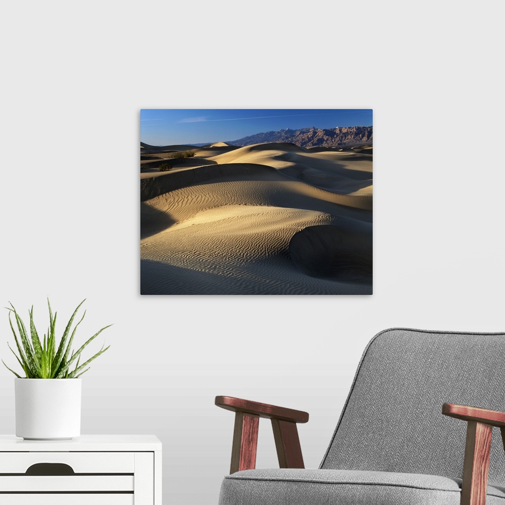 A modern room featuring USA, California, Death Valley National Park, Mojave Desert, view of sand dunes at sunset.