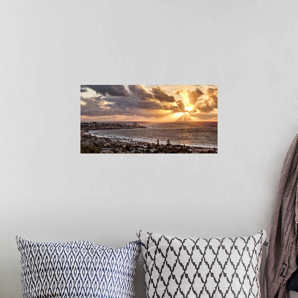 A bohemian room featuring USA, California, La Jolla, Panoramic view of La Jolla Shores and the village at sunset