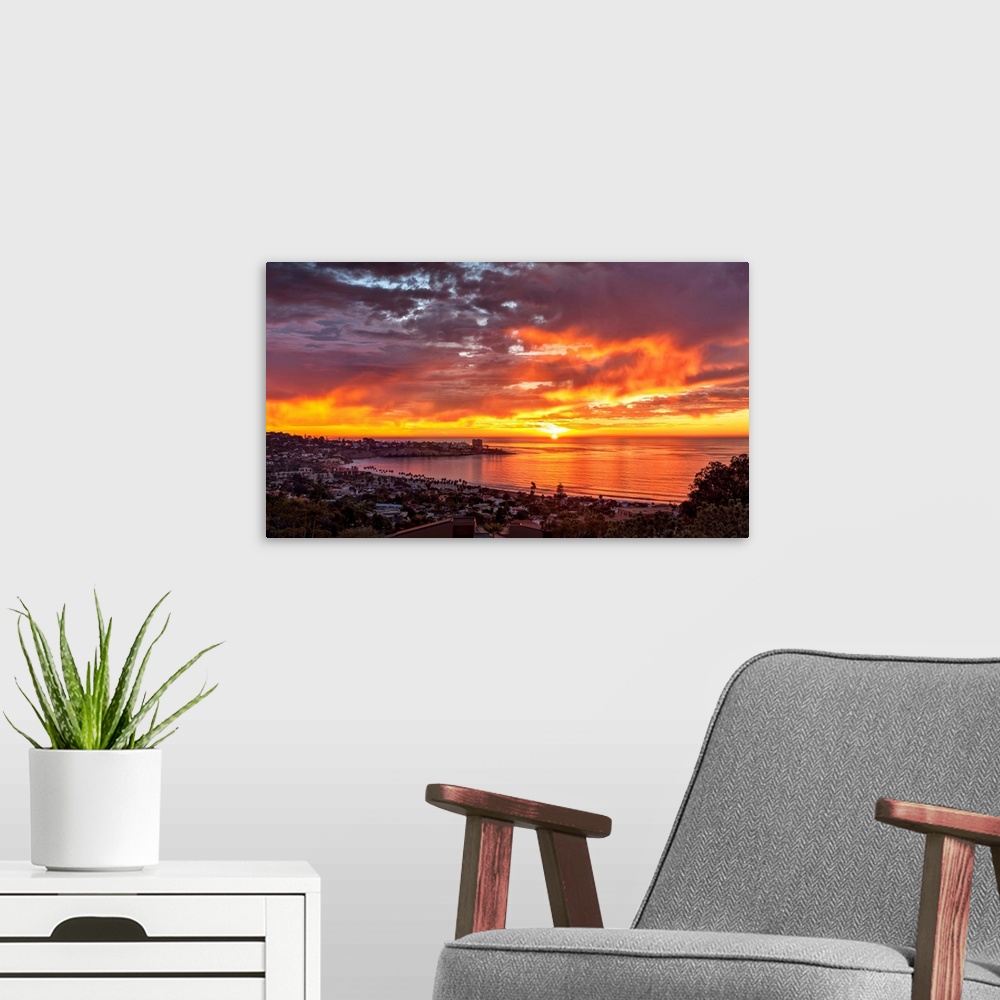A modern room featuring USA, California, La Jolla, Panoramic view of sunset over La Jolla Shores and village
