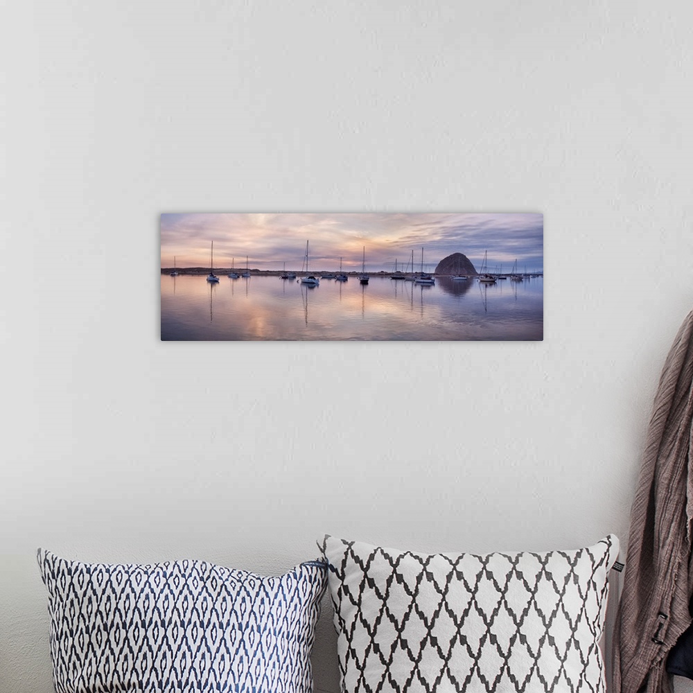 A bohemian room featuring USA, California, Panoramic view of sailboats moored in Morro Bay at sunset