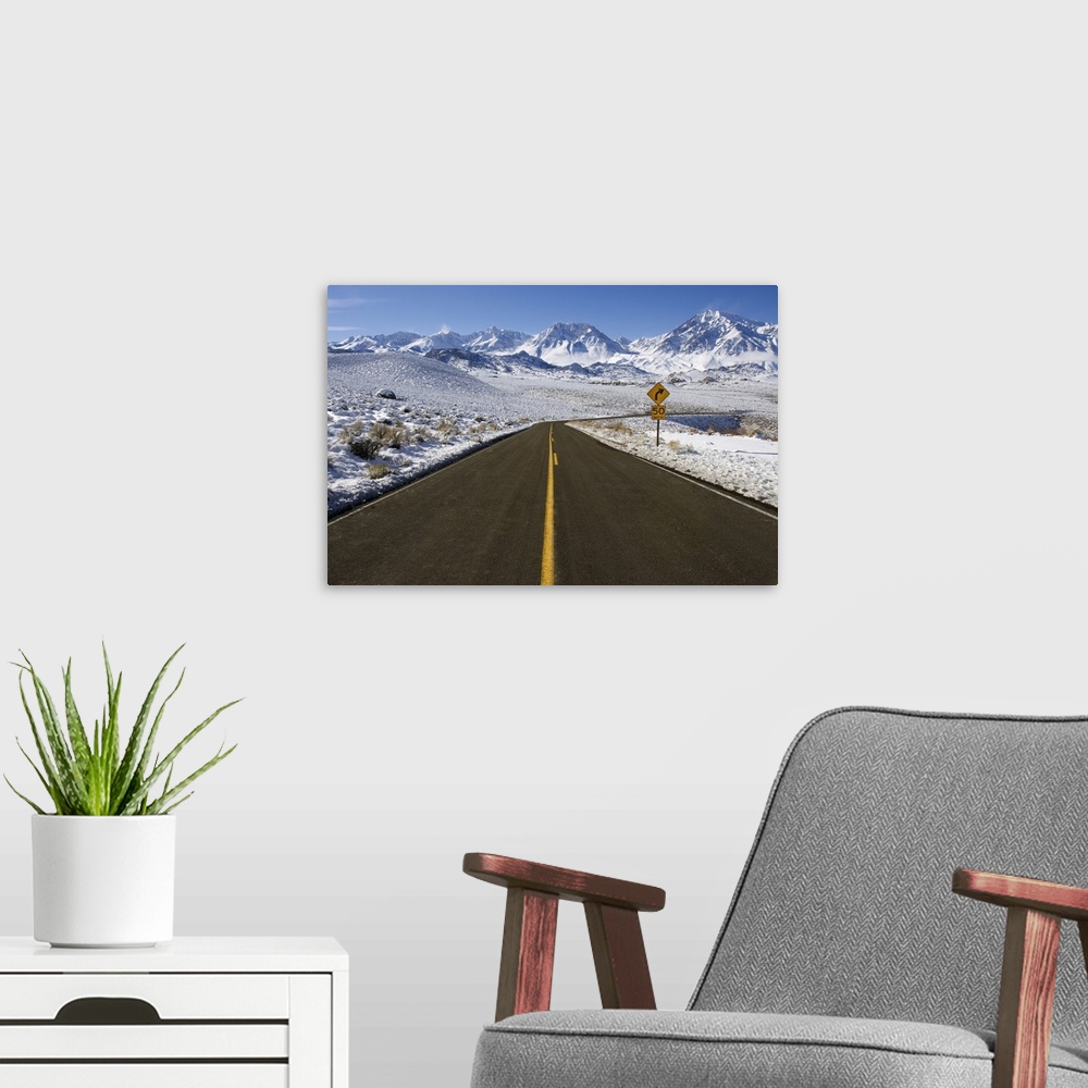 A modern room featuring USA, California. Road into Sierra Nevada Mountains in winter. Credit: Dennis Flaherty / Jaynes Ga...