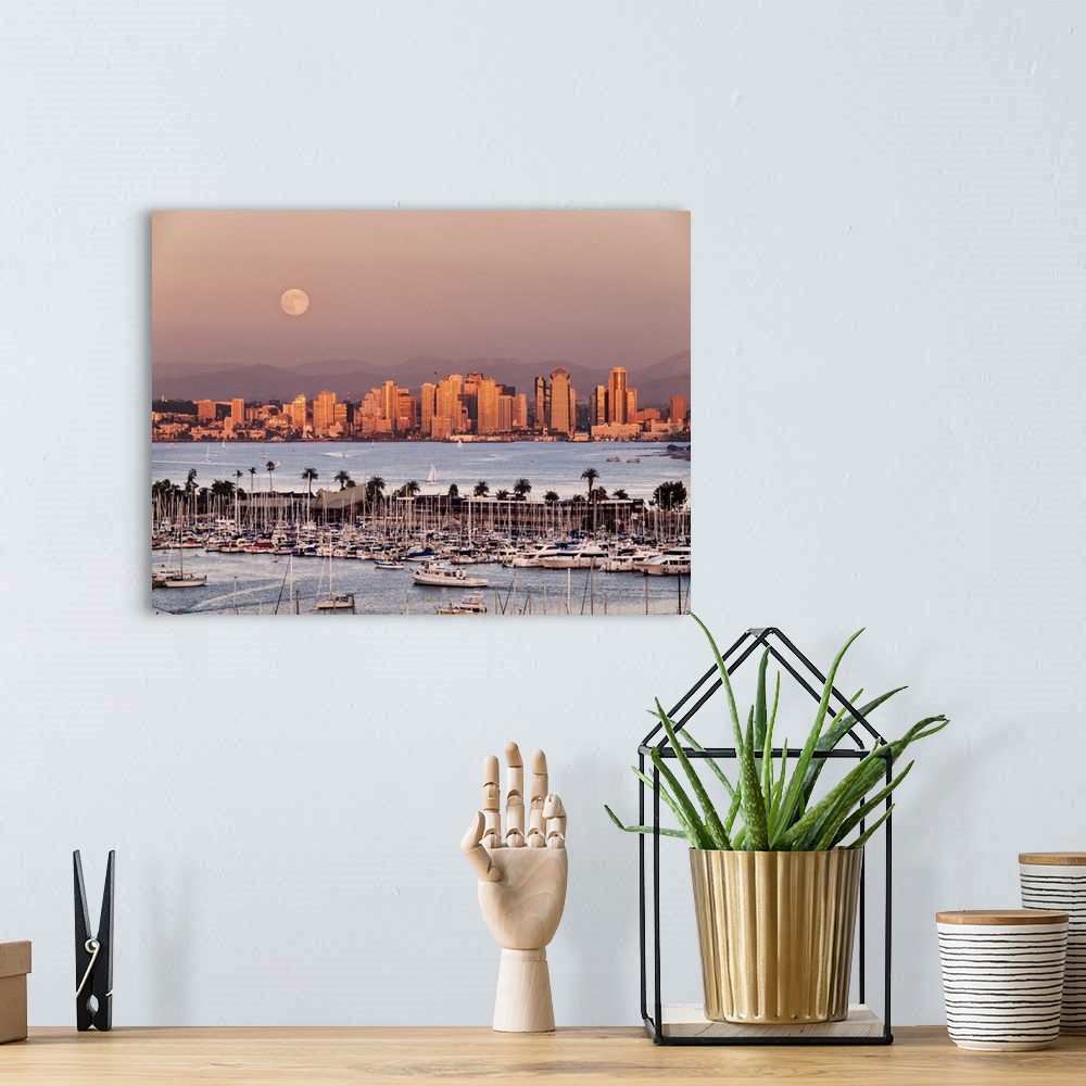 A bohemian room featuring USA, California, San Diego, Full moon rises over boats and city on San Diego Harbor