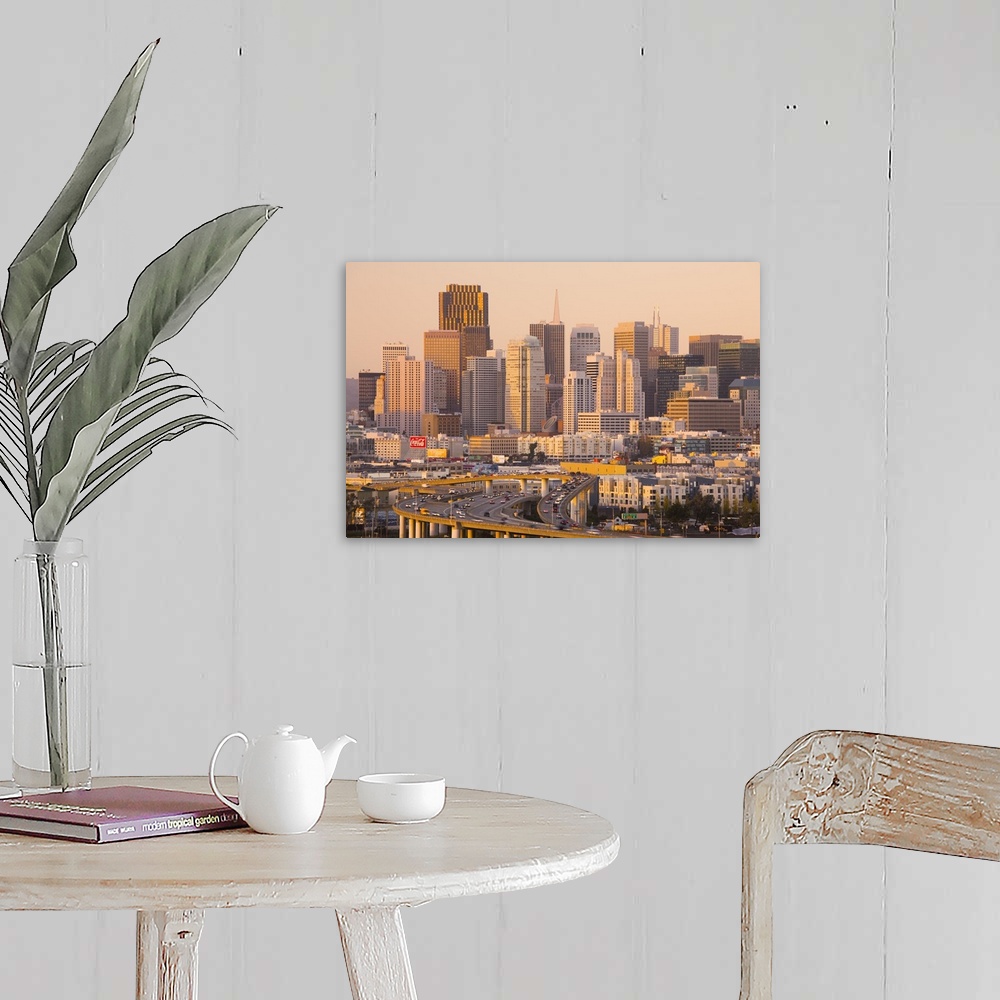 A farmhouse room featuring USA, California, San Francisco, Potrero Hill, view of downtown and I-280 highway, dusk