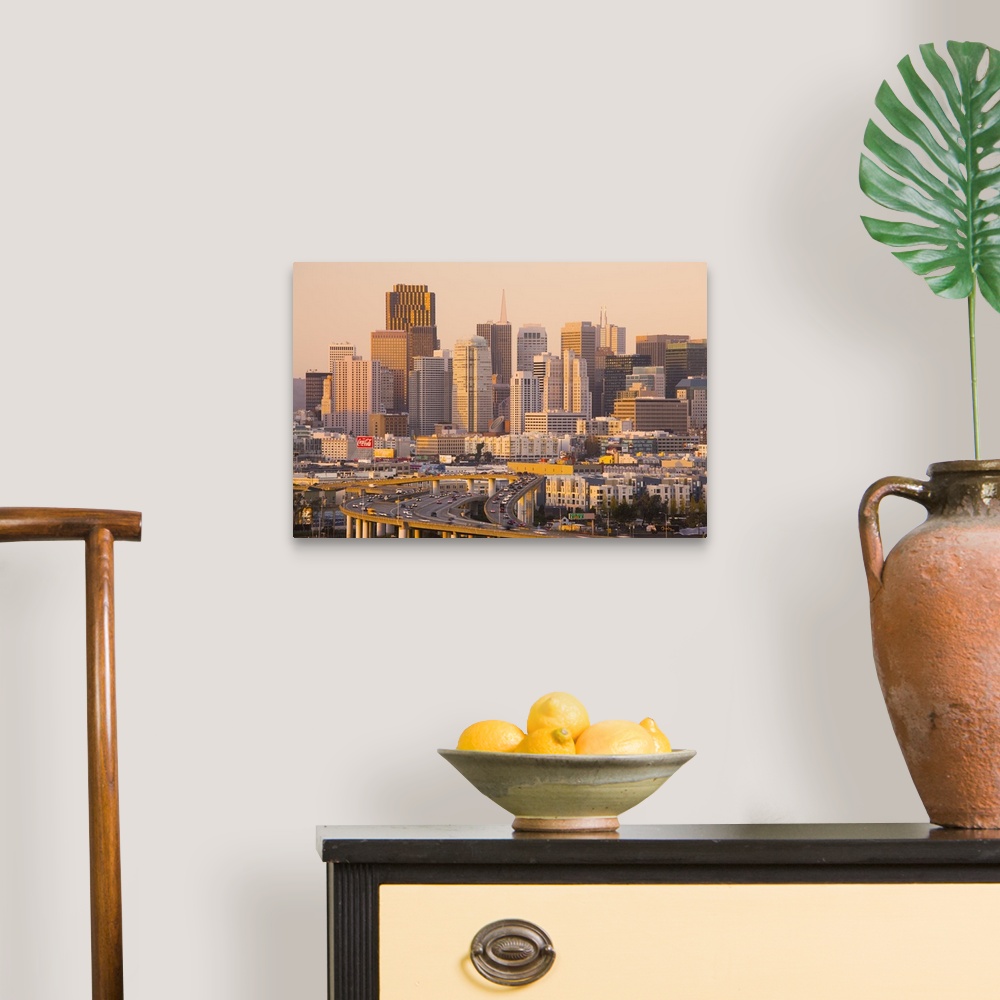 A traditional room featuring USA, California, San Francisco, Potrero Hill, view of downtown and I-280 highway, dusk