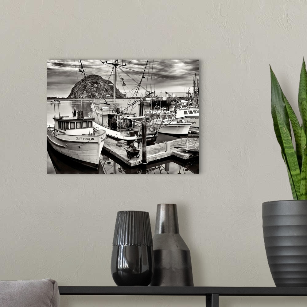 A modern room featuring USA, California, Sepia-tinted fishing boats docked in Morro Bay at dawn