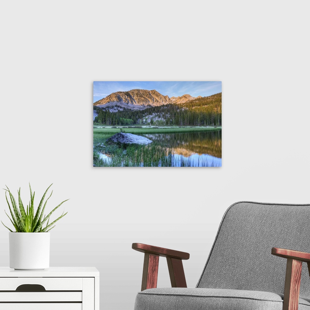 A modern room featuring USA, California, Sierra Nevada Mountains. Calm reflections in Grass Lake.