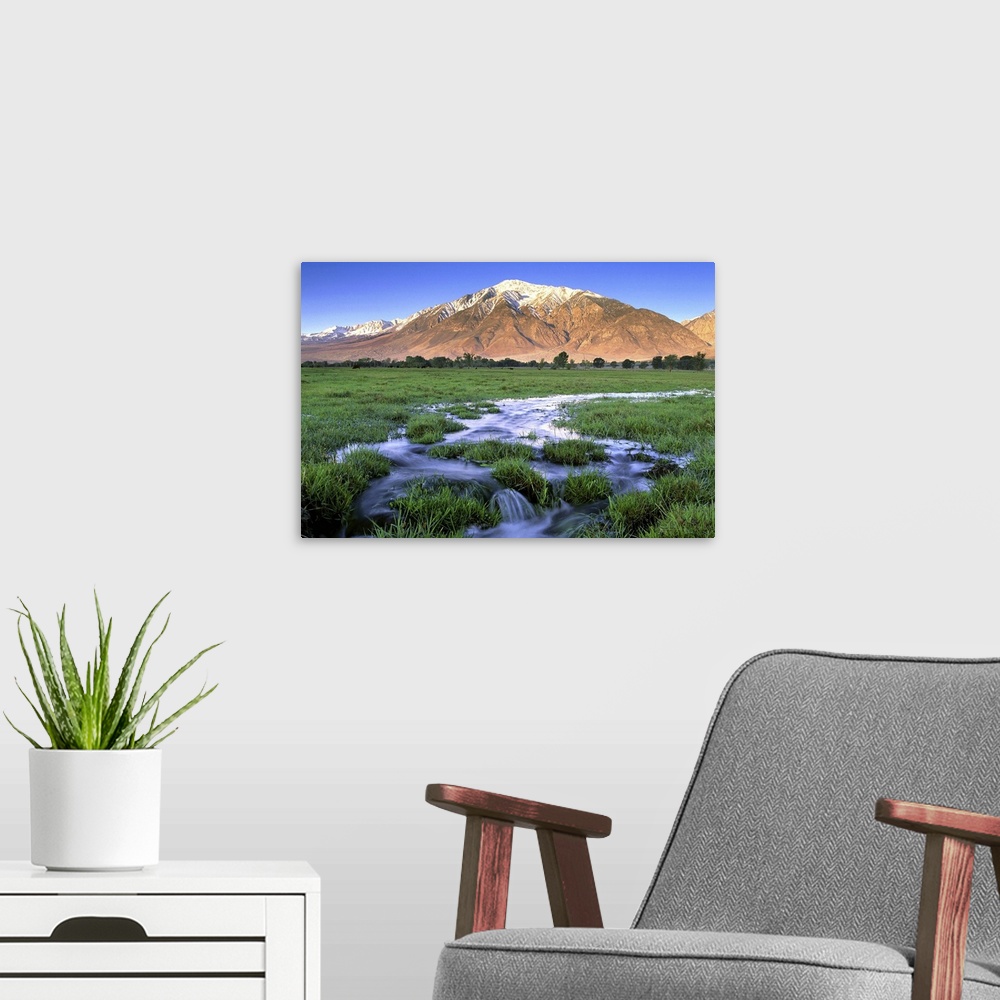 A modern room featuring USA, California, Sierra Nevada Mountains. Mount Tom at sunrise seen from the verdant Round Valley.