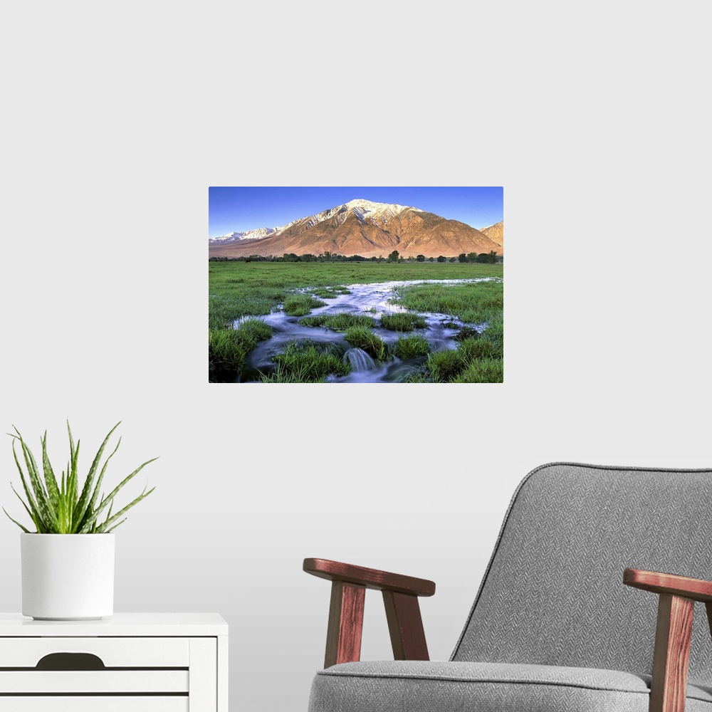 A modern room featuring USA, California, Sierra Nevada Mountains. Mount Tom at sunrise seen from the verdant Round Valley.