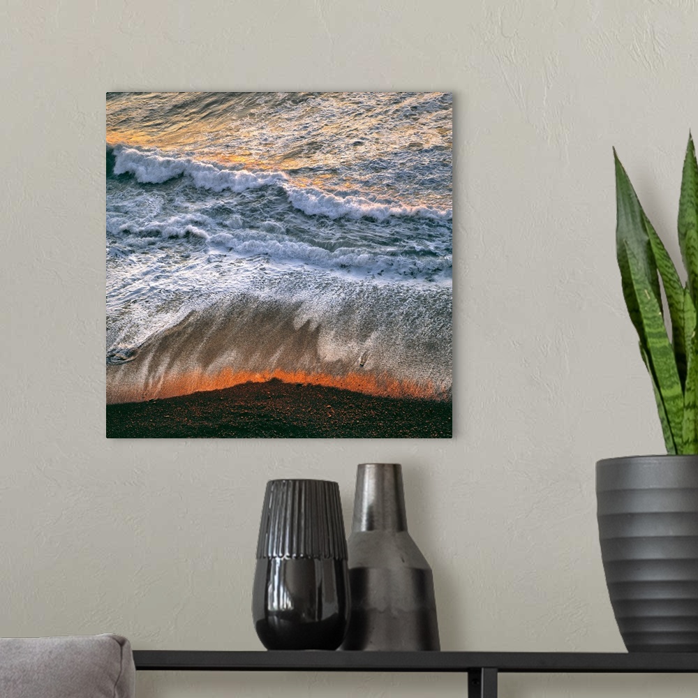 A modern room featuring USA, California, Big Sur. Breaking surf catches the late fiery light of sunset at Big Sur on the ...