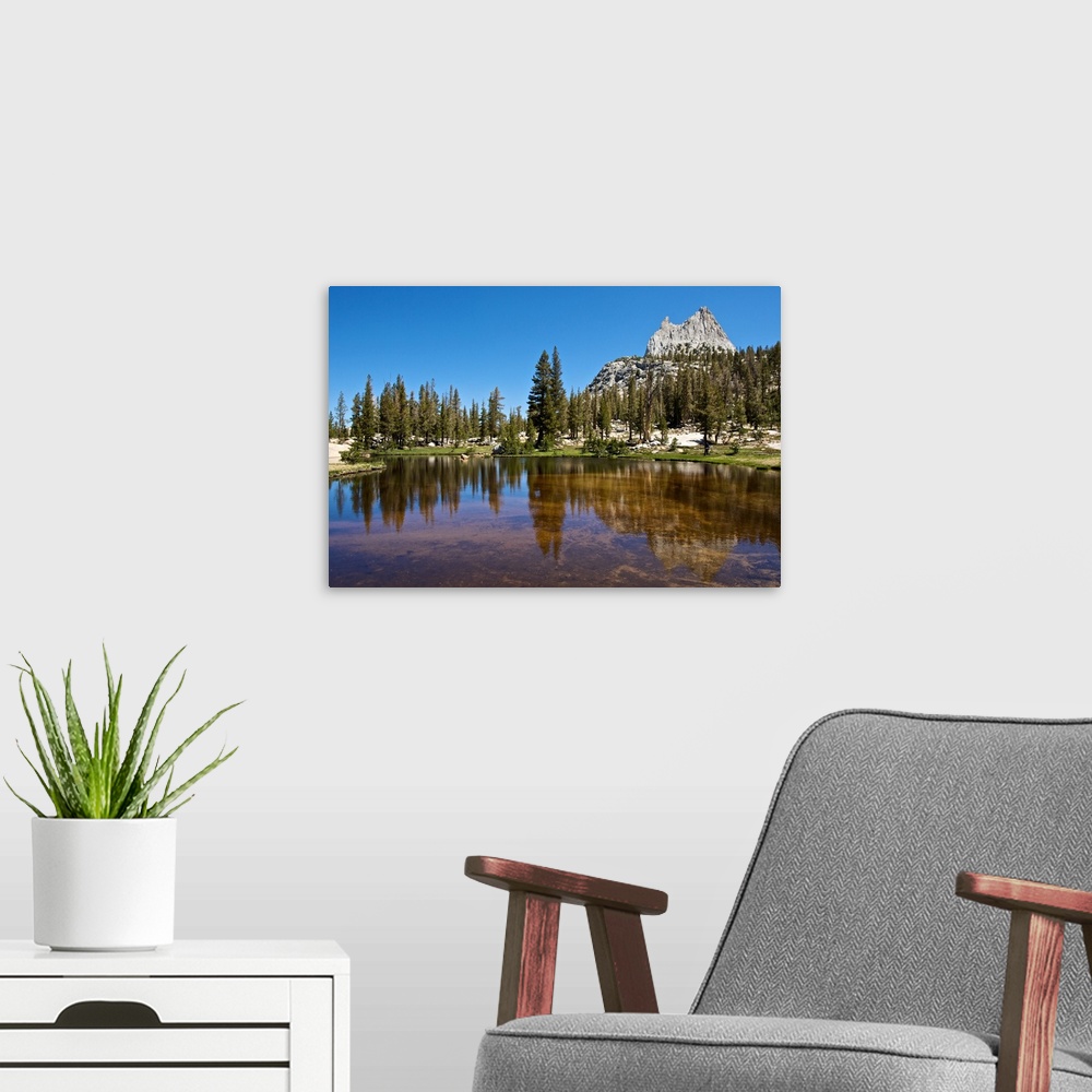 A modern room featuring North America, USA, California, Yosemite National Park. Cathedral Peak reflected in a glacial tarn.