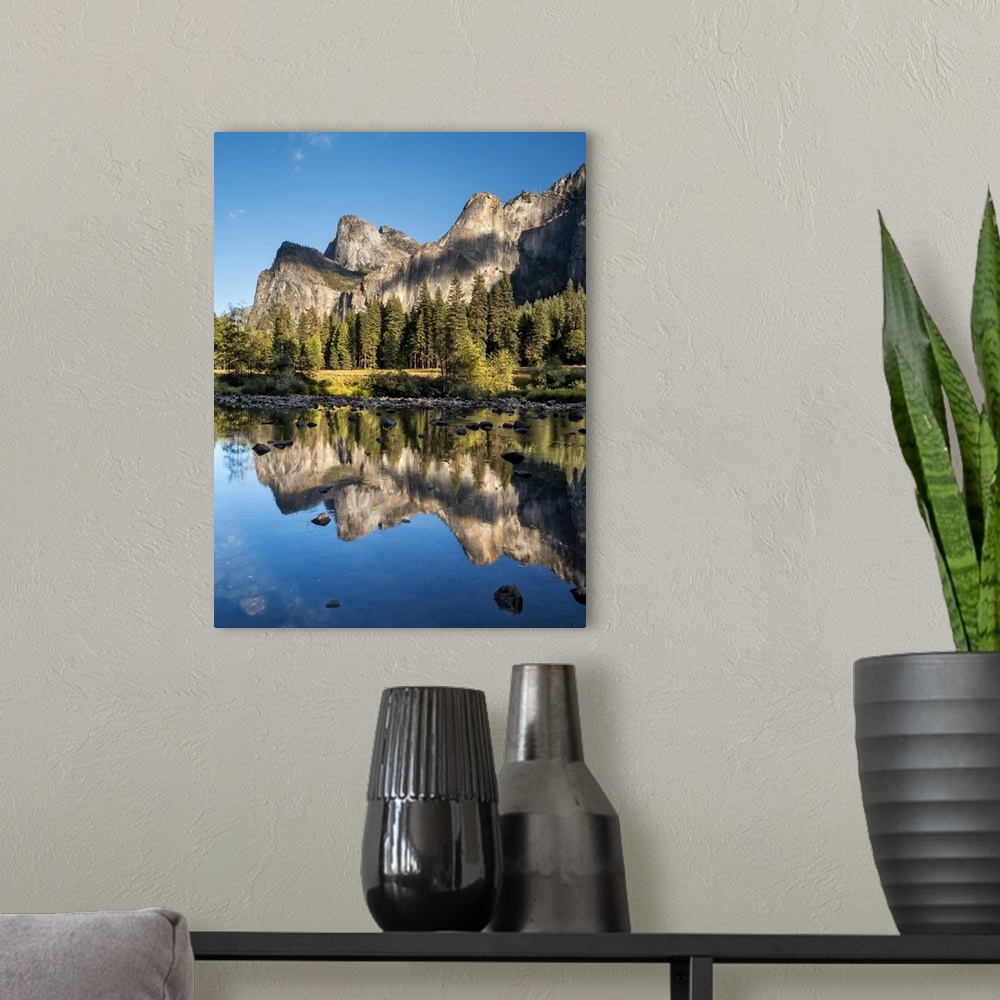 A modern room featuring USA, California, Yosemite National Park, Cathedral Rocks and Bridalveil Fall reflected in the Mer...