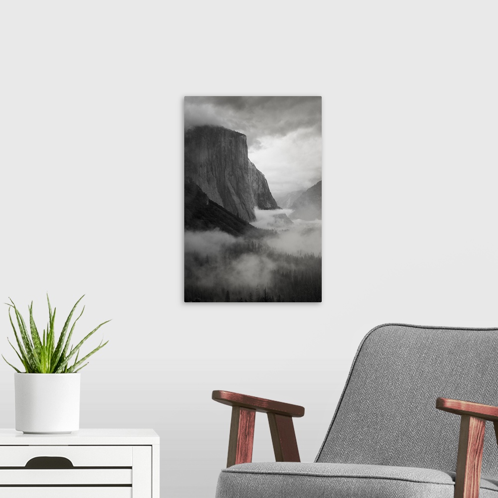 A modern room featuring North America, USA, California, Yosemite National Park.  Black and White image of El Capitan with...