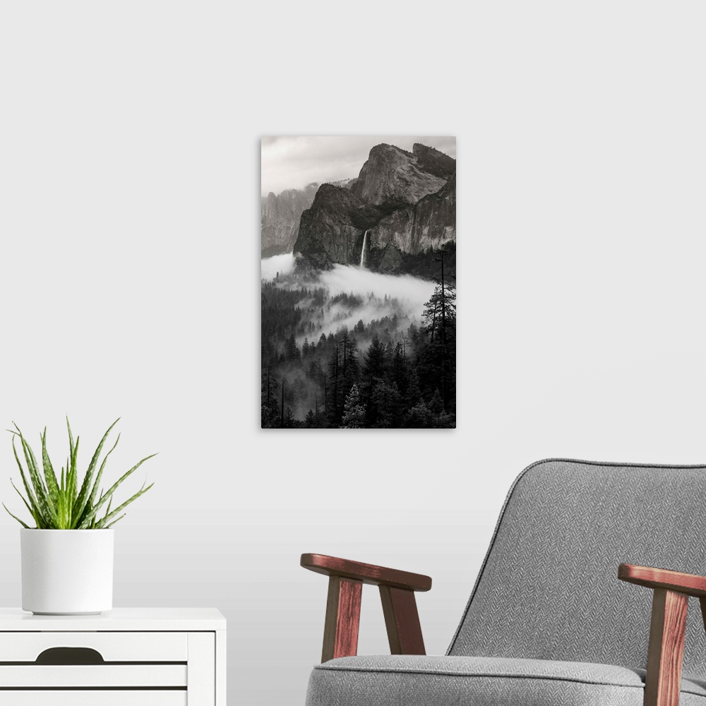 A modern room featuring North America, USA, California, Yosemite National Park.  Black and White image of granite outcrop...
