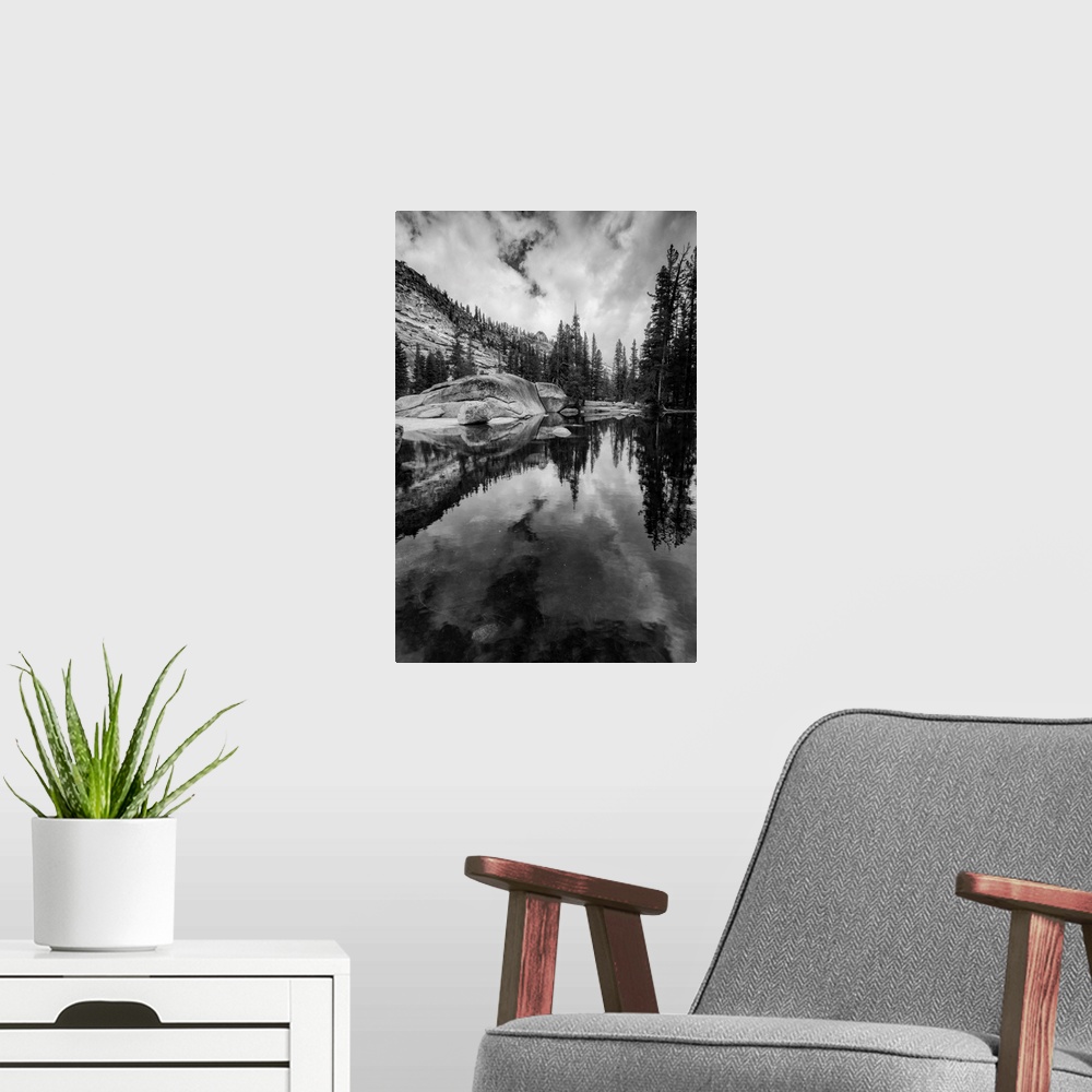A modern room featuring North America, USA, California, Yosemite National Park.  Black and White image of granite outcrop...