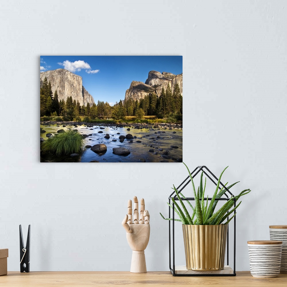 A bohemian room featuring USA, California, Yosemite National Park, The Merced River, El Capitan, and Cathedral Rocks in Yos...