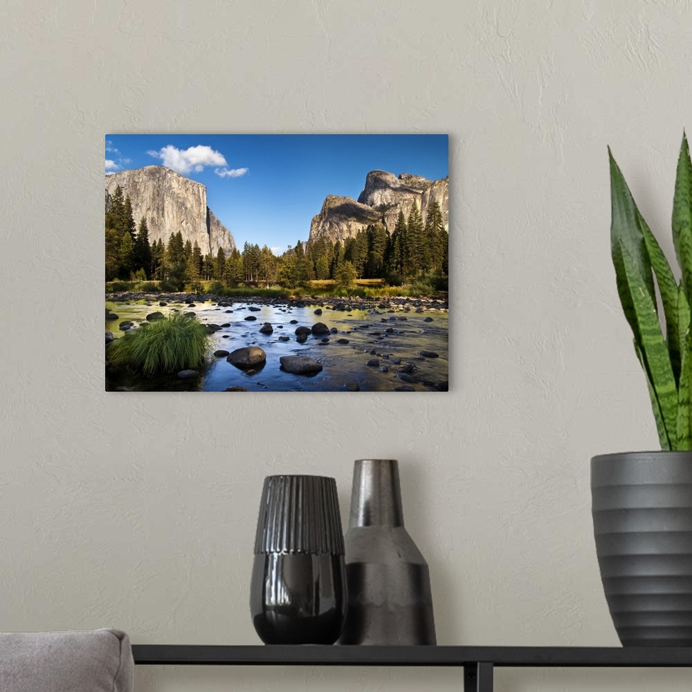 A modern room featuring USA, California, Yosemite National Park, The Merced River, El Capitan, and Cathedral Rocks in Yos...