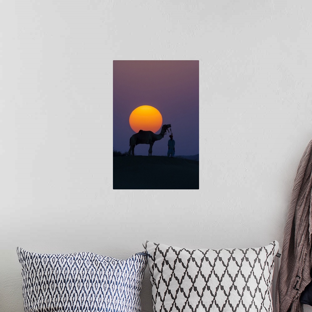 A bohemian room featuring Camel and person at sunset, Thar Desert, Rajasthan, India