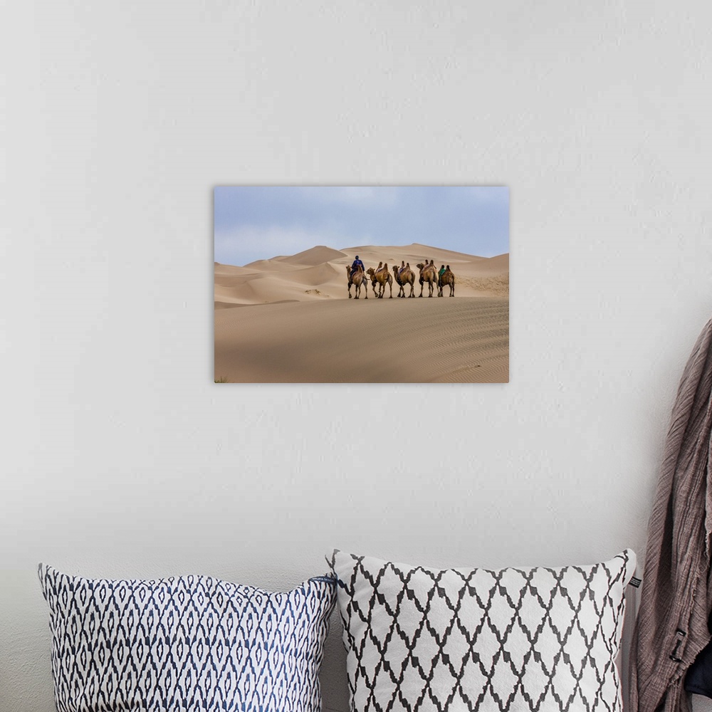 A bohemian room featuring Camel Caravan in the Dunes. Gobi Desert. Mongolia.