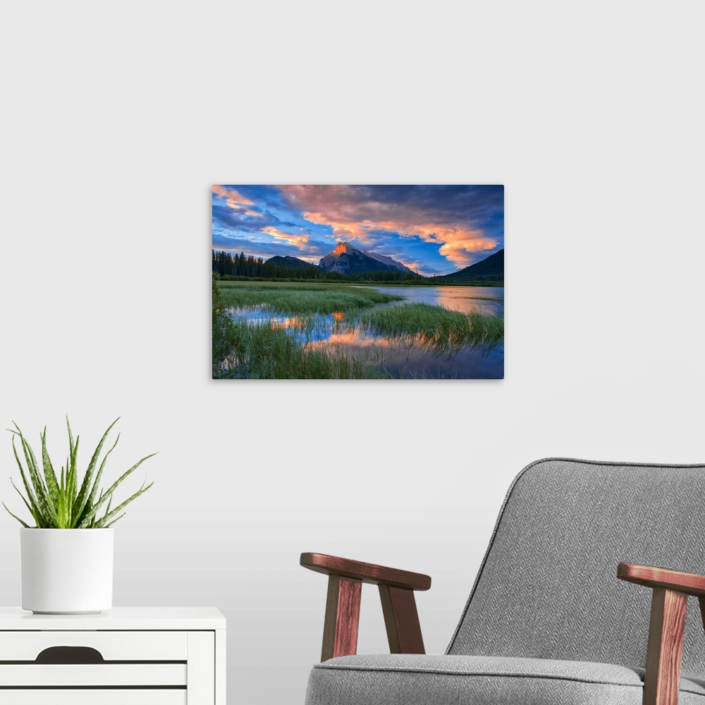 A modern room featuring Canada, Alberta, Banff national park. Vermillion lakes and Mt. Rundle at sunrise.
