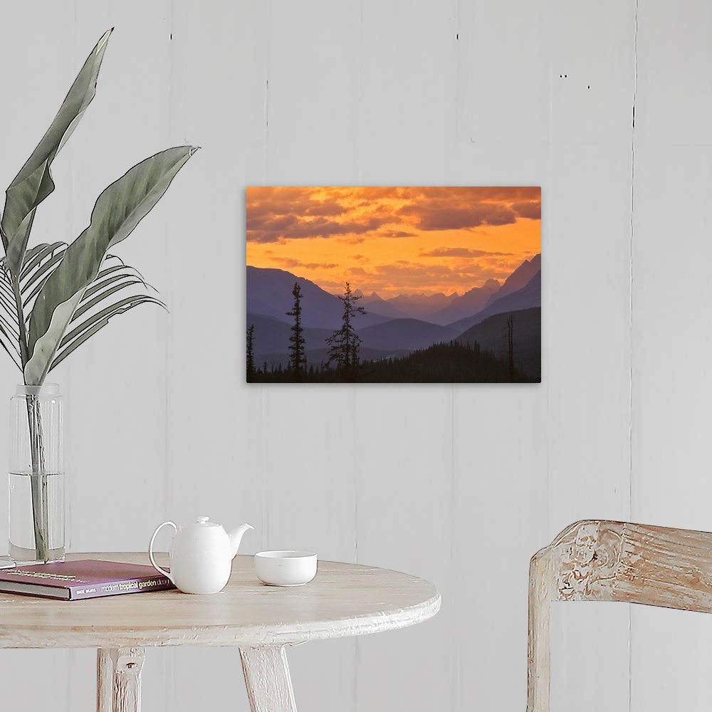 A farmhouse room featuring North America, Canada, Alberta, Baniff National Park.  Mountain ridges at sunset near Waterfoul L...