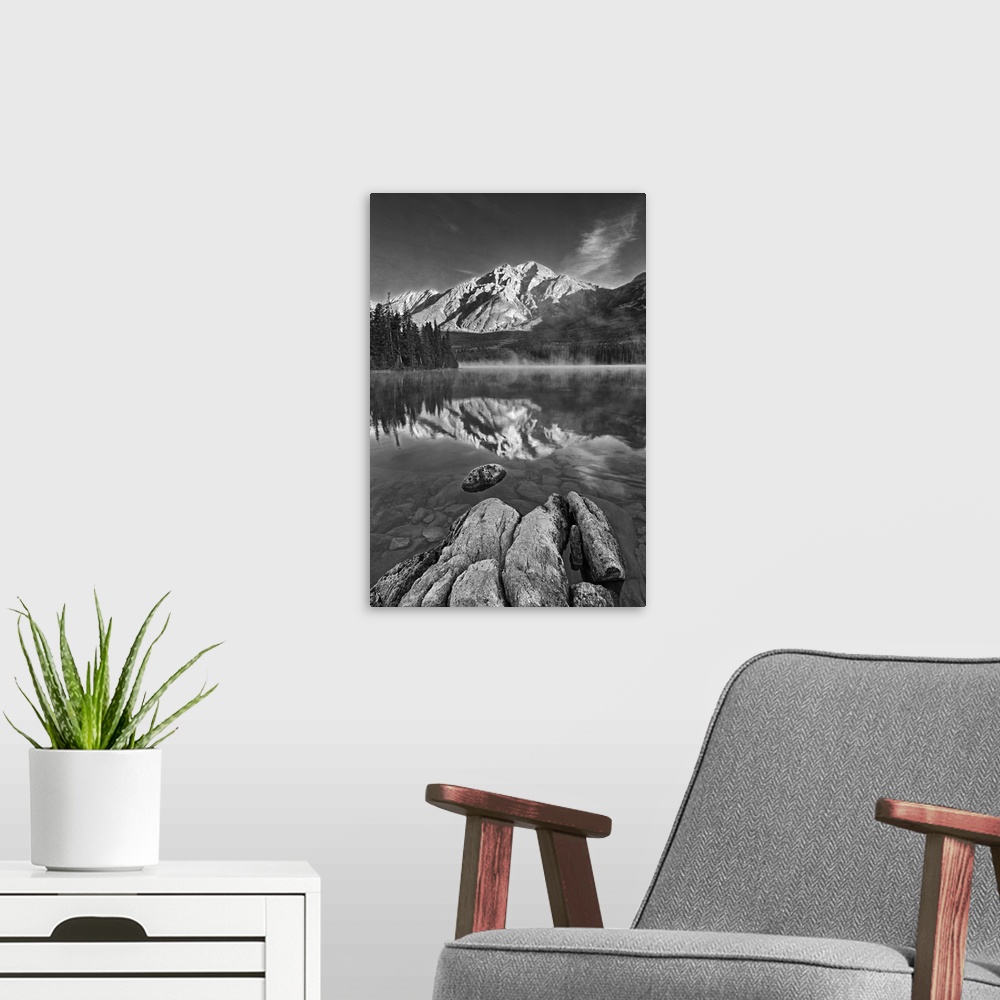 A modern room featuring Canada, Alberta, Jasper national park. Pyramid mountain reflected in Pyramid lake at sunrise.