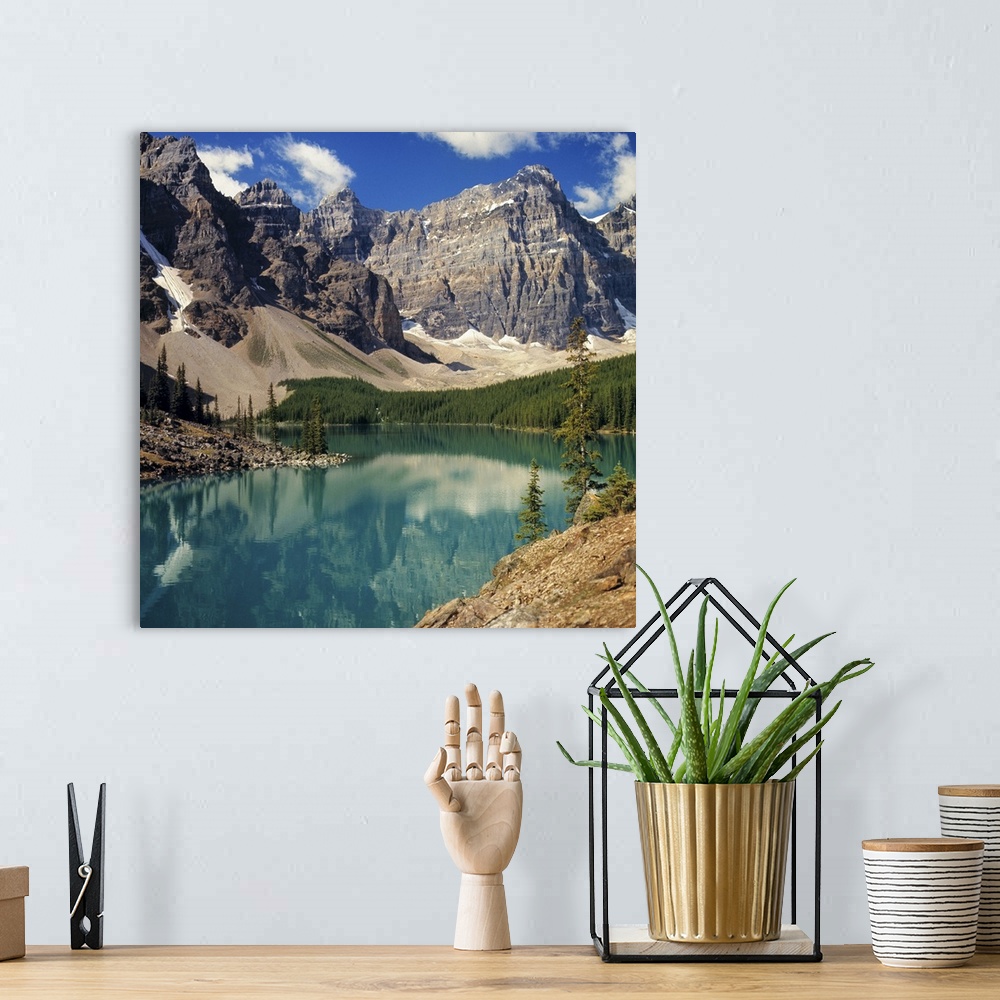 A bohemian room featuring Canada, Alberta, Moraine Lake. Moraine Lake, in the Valley of the Ten Peaks, reflects the surroun...