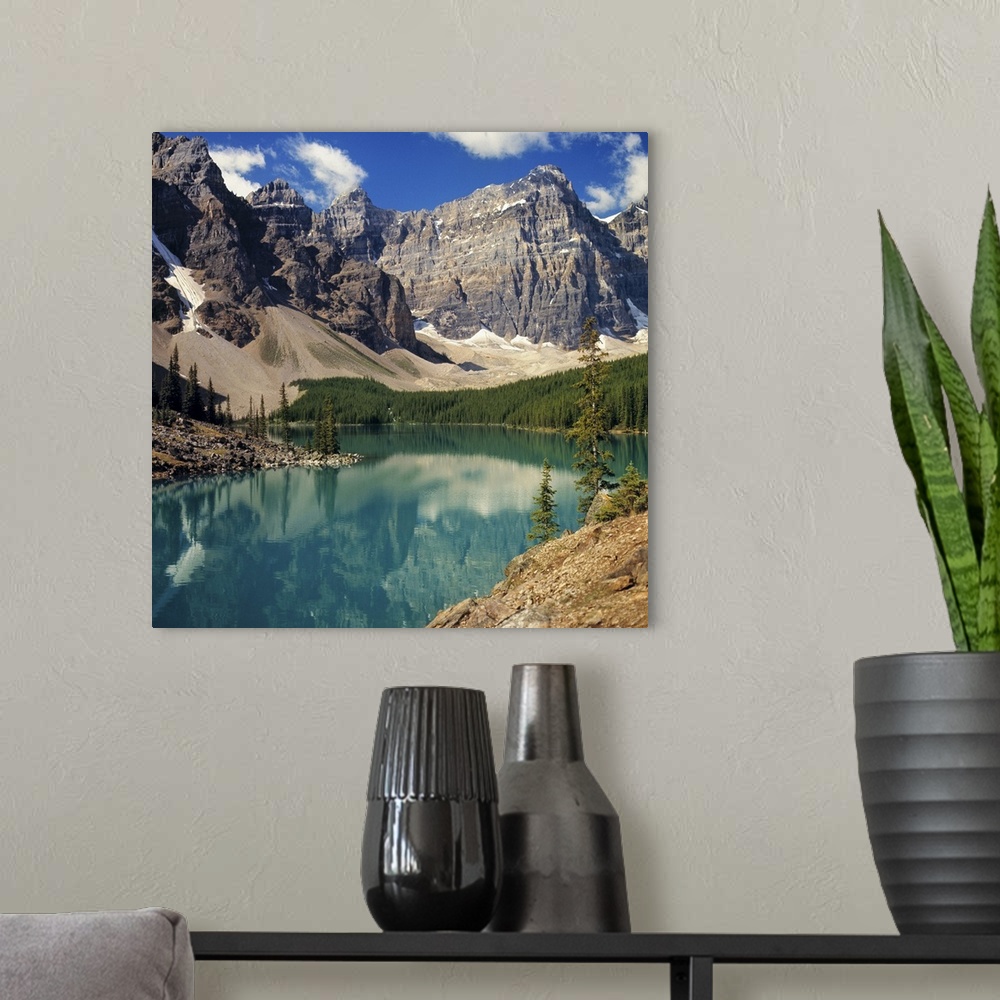 A modern room featuring Canada, Alberta, Moraine Lake. Moraine Lake, in the Valley of the Ten Peaks, reflects the surroun...