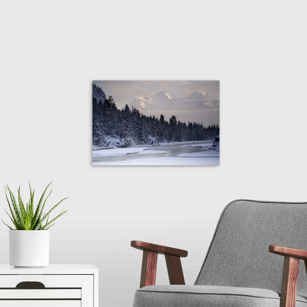 A modern room featuring Bow River in winter. Banff, Canada