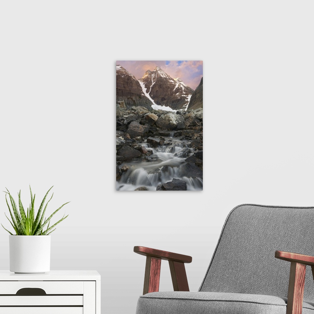 A modern room featuring Canada, British Columbia, Yoho National Park. Sunrise over small rapids and Cathedral Mountain. C...