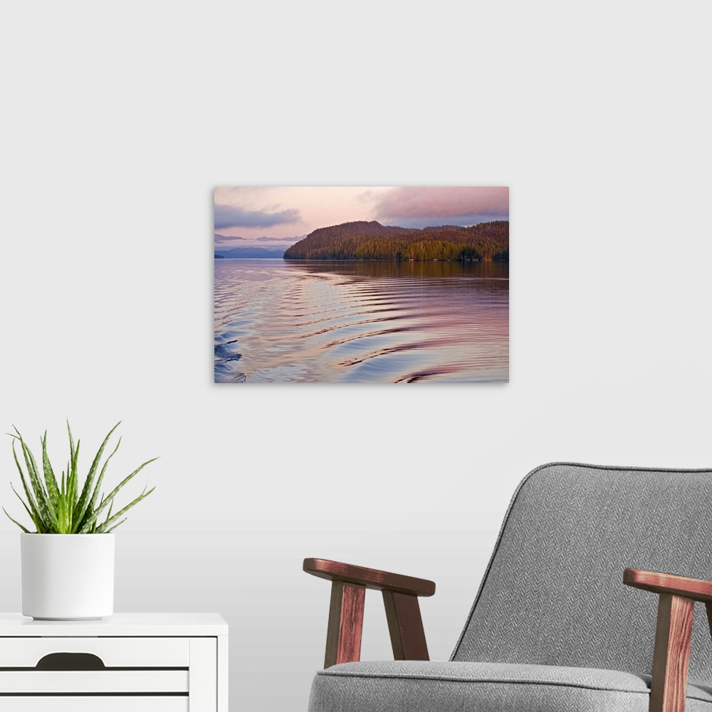 A modern room featuring Canada, British Columbia, Calvert Island. Boat wake in water at sunset. Credit as: Don Paulson / ...