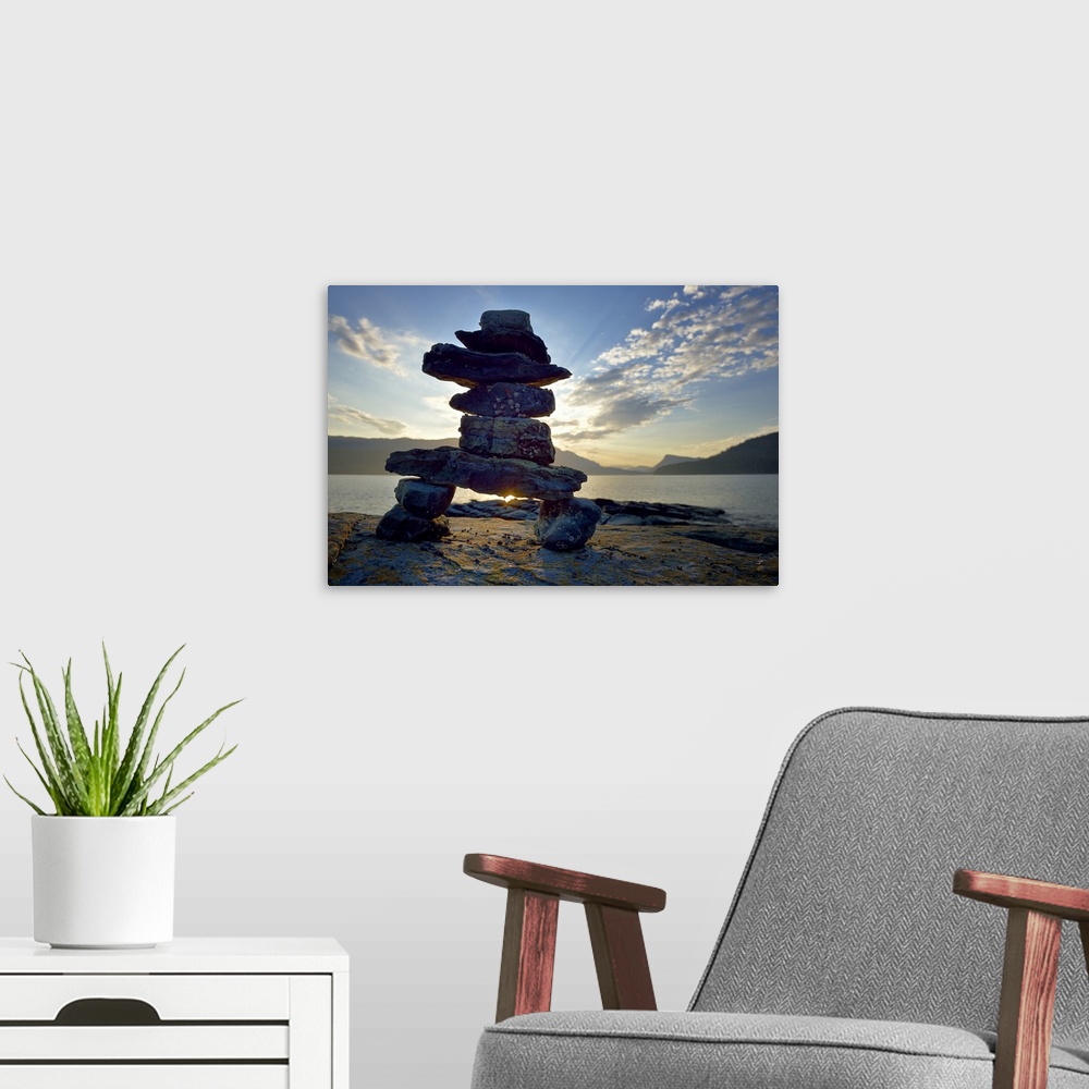 A modern room featuring Canada, British Columbia, Russell Island. Rock inukshuk in front of Salt Spring Island.