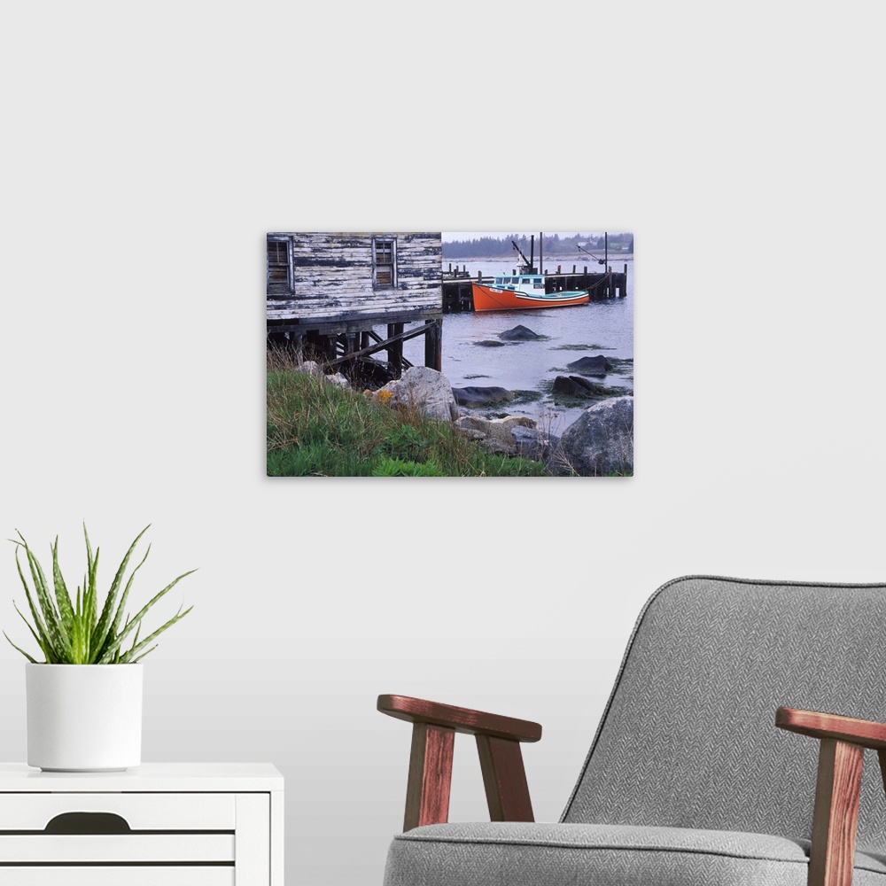 A modern room featuring N.A. Canada, Nova Scotia, Hunts Point.  Lobster boats at dock in harbor.