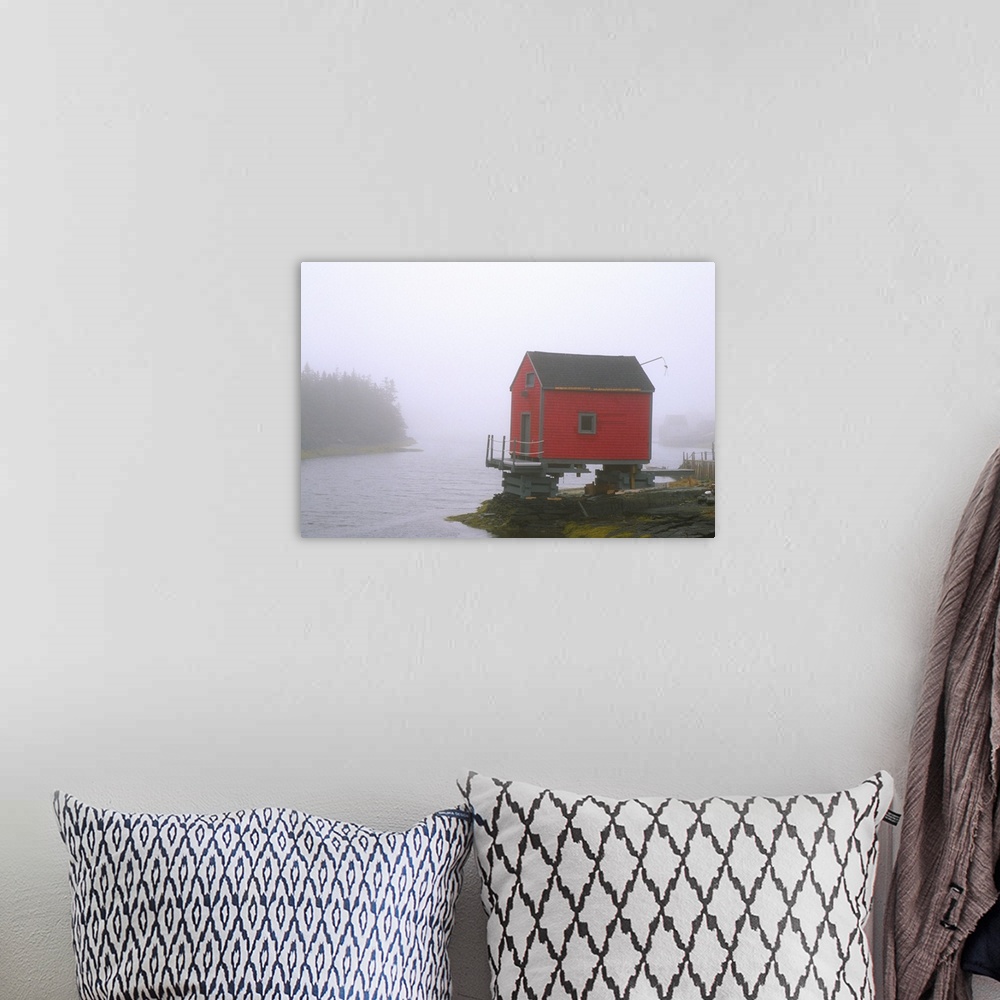 A bohemian room featuring N.A. Canada, Nova Scotia, Stonehurst.  Red fishing shed in fog.