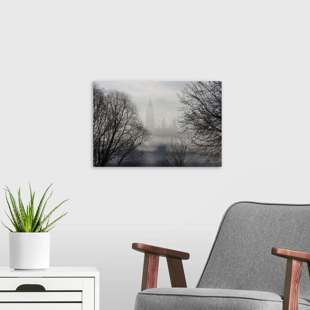 A modern room featuring Canada, Ontario, Ottawa.  Parliament Buildings seen between trees and ice fog on Ottawa River. Cr...